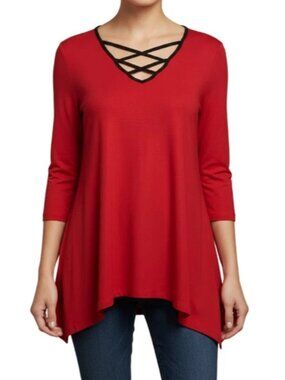NY Collection Red Glitter Lace Up V-Neck Top Women's S 3/4 Sleeve Asymmetrical